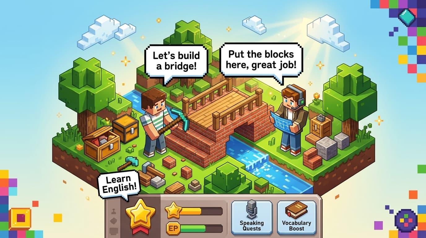 A student and tutor building a bridge together in Minecraft while practicing English